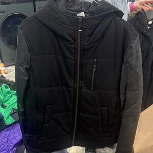 Zara Black Quilted Hooded Jacket with Faux Leather Sleeves